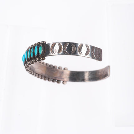 7.1" 30's-40's Zuni sterling silver turquoise row cuff bracelet needlepoint