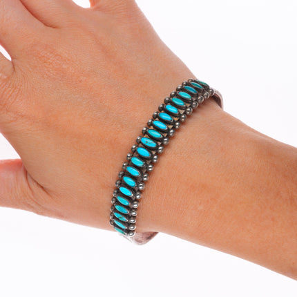 7.1" 30's-40's Zuni sterling silver turquoise row cuff bracelet needlepoint
