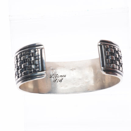6.75" Vintage Navajo L James sterling silver turquoise basketweave cuff bracelet