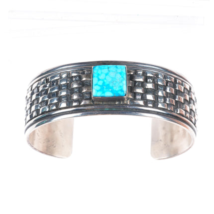 6.75" Vintage Navajo L James sterling silver turquoise basketweave cuff bracelet