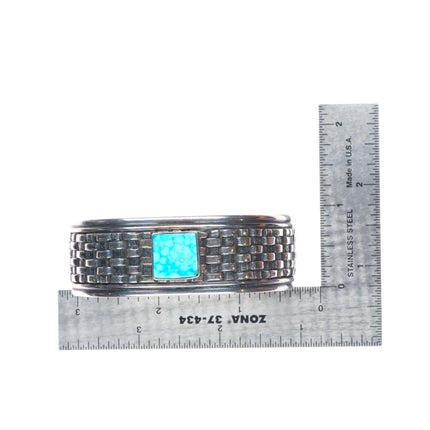 6.75" Vintage Navajo L James sterling silver turquoise basketweave cuff bracelet