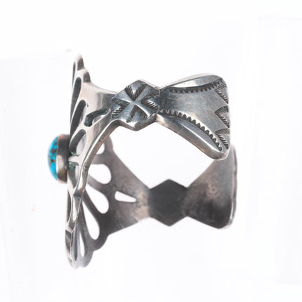 7" Vintage Navajo sandcast sterling silver wide band turquoise cuff bracelet