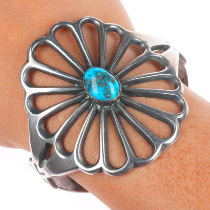 7" Vintage Navajo sandcast sterling silver wide band turquoise cuff bracelet