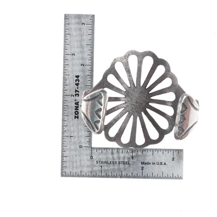 7" Vintage Navajo sandcast sterling silver wide band turquoise cuff bracelet