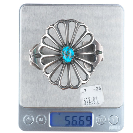 7" Vintage Navajo sandcast sterling silver wide band turquoise cuff bracelet