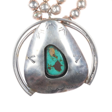 Vintage Navajo shadowbox sterling silver turquoise squash blossom necklace