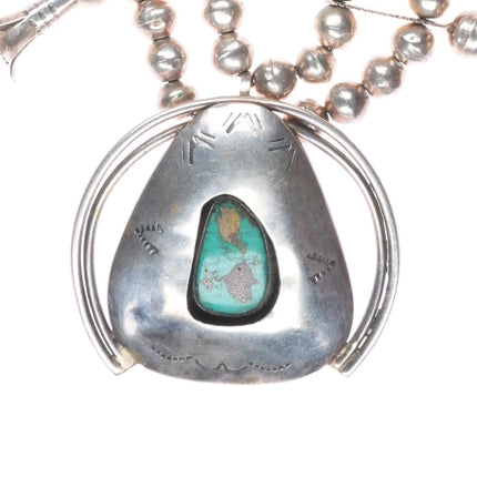 Vintage Navajo shadowbox sterling silver turquoise squash blossom necklace