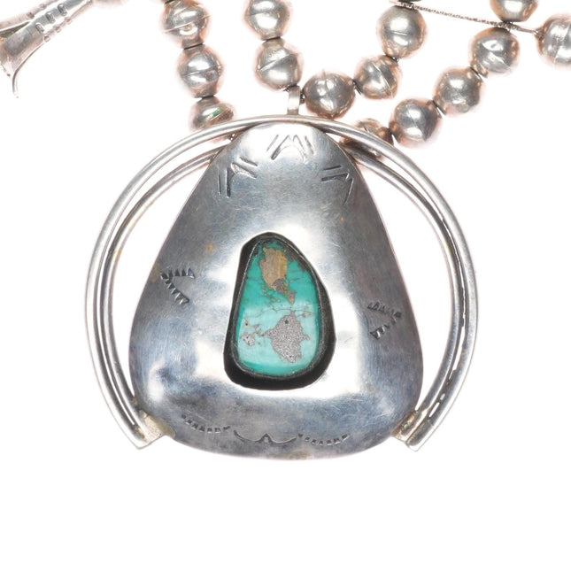 Vintage Navajo shadowbox sterling silver turquoise squash blossom necklace