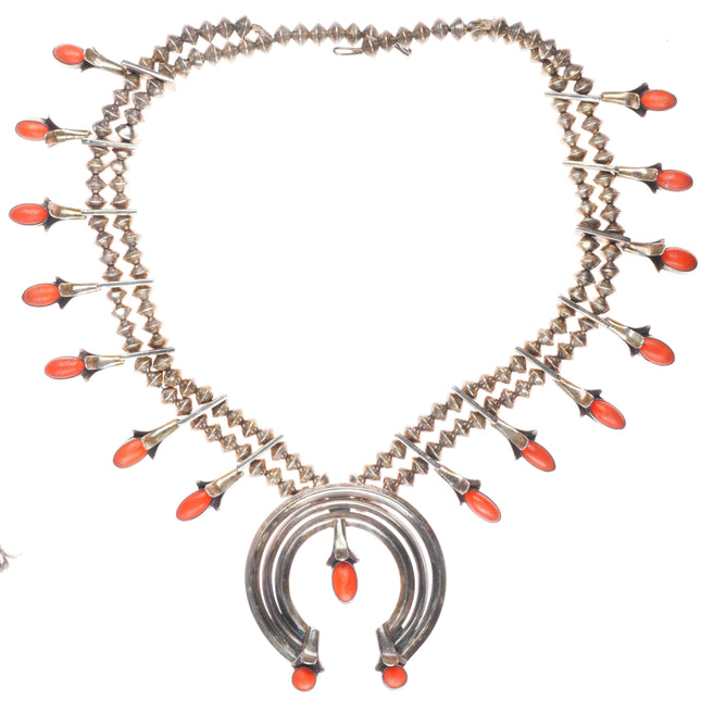 Vintage Navajo Modernist sterling silver coral squash blossom necklace