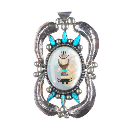 Huge vintage Zuni sterling silver mother of pearl intarsia inlay dancer pendant