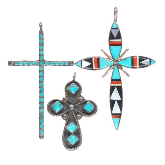 3 vintage Zuni Dishta, Bowannie turquoise/coral sterling silver cross pendants