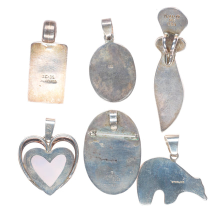 6 Vintage Southwestern sterling silver multi-stone necklace pendants bear/heart