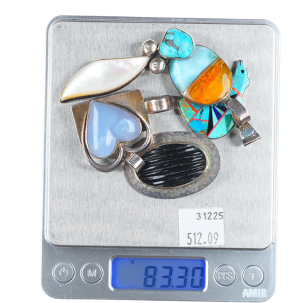 6 Vintage Southwestern sterling silver multi-stone necklace pendants bear/heart