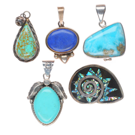 5 Vintage Southwestern/Mexican sterling silver multi-stone necklace pendants