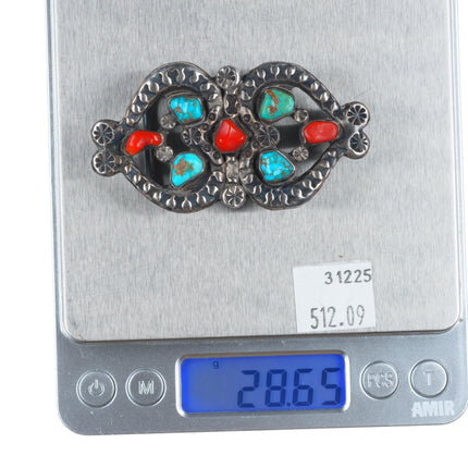 c1950's Zuni sterling silver belt buckle with nice turquoise and coral