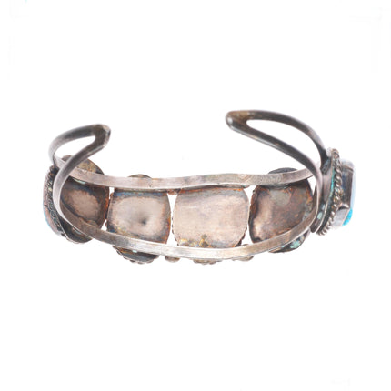 6" c1960's sterling silver turquoise row cuff bracelet with rope bezels