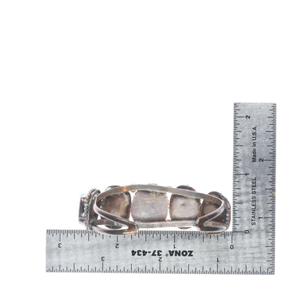 6" c1960's sterling silver turquoise row cuff bracelet with rope bezels