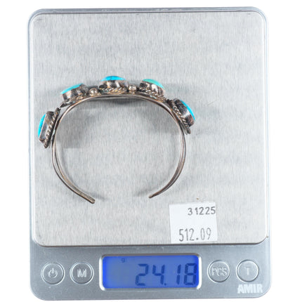 6" c1960's sterling silver turquoise row cuff bracelet with rope bezels