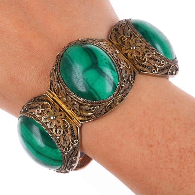 7" Big vintage c1940's vintage Chinese silver filigree malachite link bracelet
