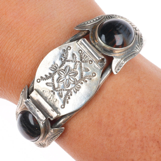 6" Vintage 1940's Navajo sterling silver petrified wood watch cuff bracelet