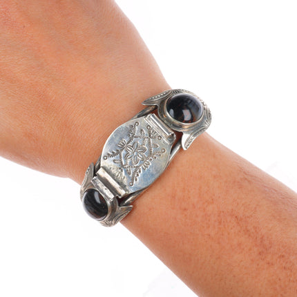 6" Vintage 1940's Navajo sterling silver petrified wood watch cuff bracelet
