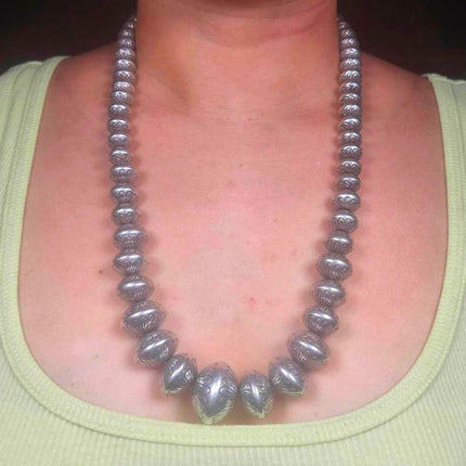 24" Heavy vintage SW Handmade/Hand stamped Navajo pearl beaded necklace