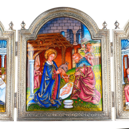 Vintage Valles Sterling silver Enamel folding Nativity Jesus & Mary scene