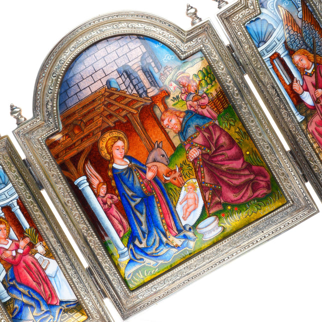 Vintage Valles Sterling silver Enamel folding Nativity Jesus & Mary scene