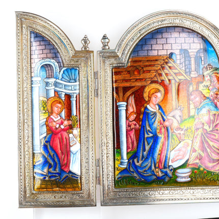 Vintage Valles Sterling silver Enamel folding Nativity Jesus & Mary scene