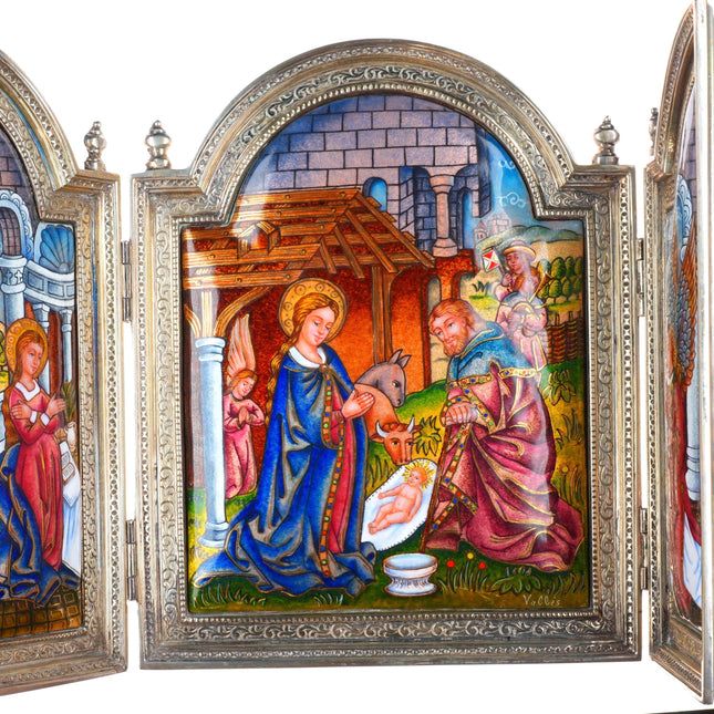 Vintage Valles Sterling silver Enamel folding Nativity Jesus & Mary scene