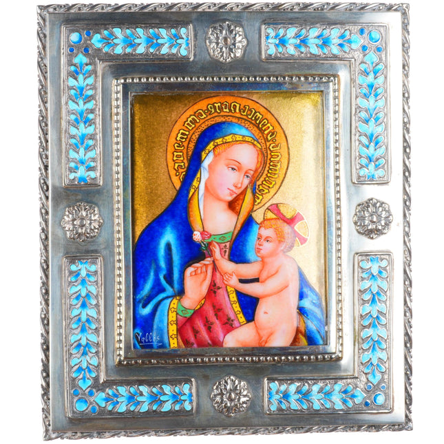 Vintage Valles Sterling silver Enamel Nativity Baby Jesus & Mary scene