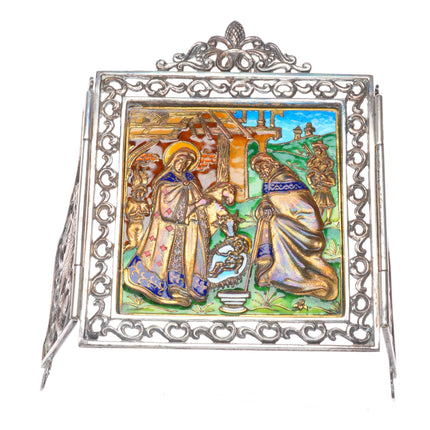 Vintage Valles Sterling silver Enamel Nativity Baby Jesus & Mary scene/frame