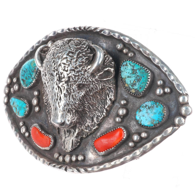 Big Vintage Navajo sterling silver 3d Buffalo belt buckle turquoise/coral