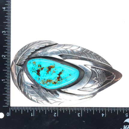 Big Vintage Navajo sterling silver shadowbox belt buckle feather accents