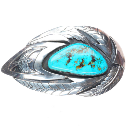 Big Vintage Navajo sterling silver shadowbox belt buckle feather accents