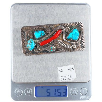 Dan Simplicio Zuni sterling silver snake belt buckle turquoise/branch coral