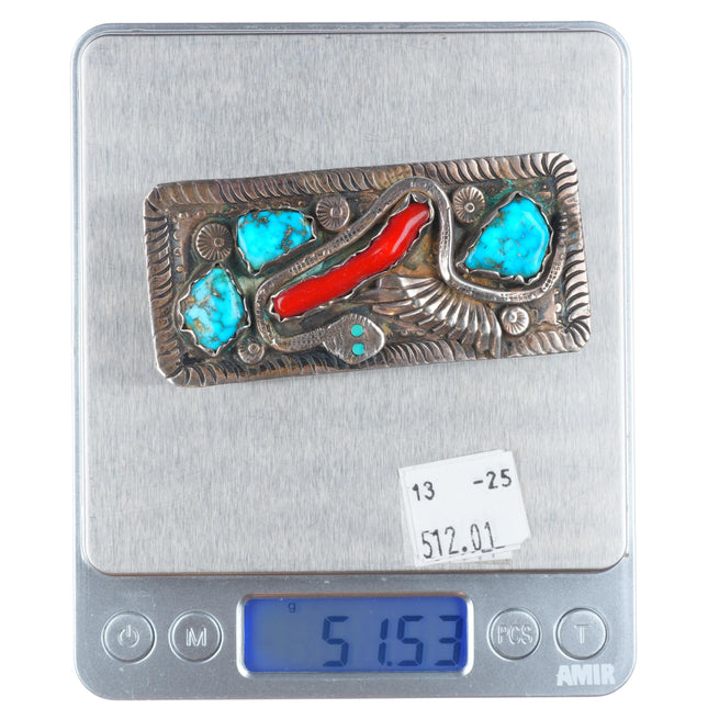 Dan Simplicio Zuni sterling silver snake belt buckle turquoise/branch coral