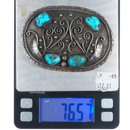 Vintage Navajo sterling silver turquoise belt buckle 4 stone