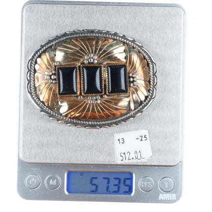 Vintage Navajo sterling silver gold filled onyx belt buckle