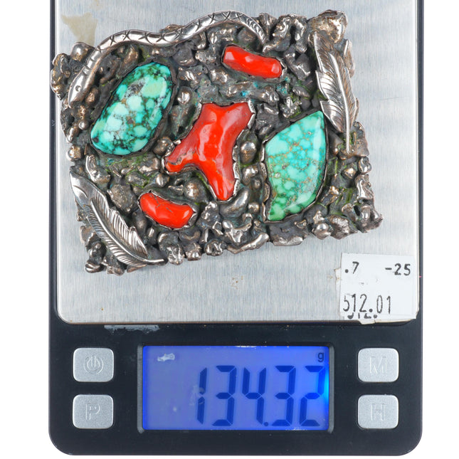Vintage Southwestern sterling silver snakes belt buckle nice turquoise/coral