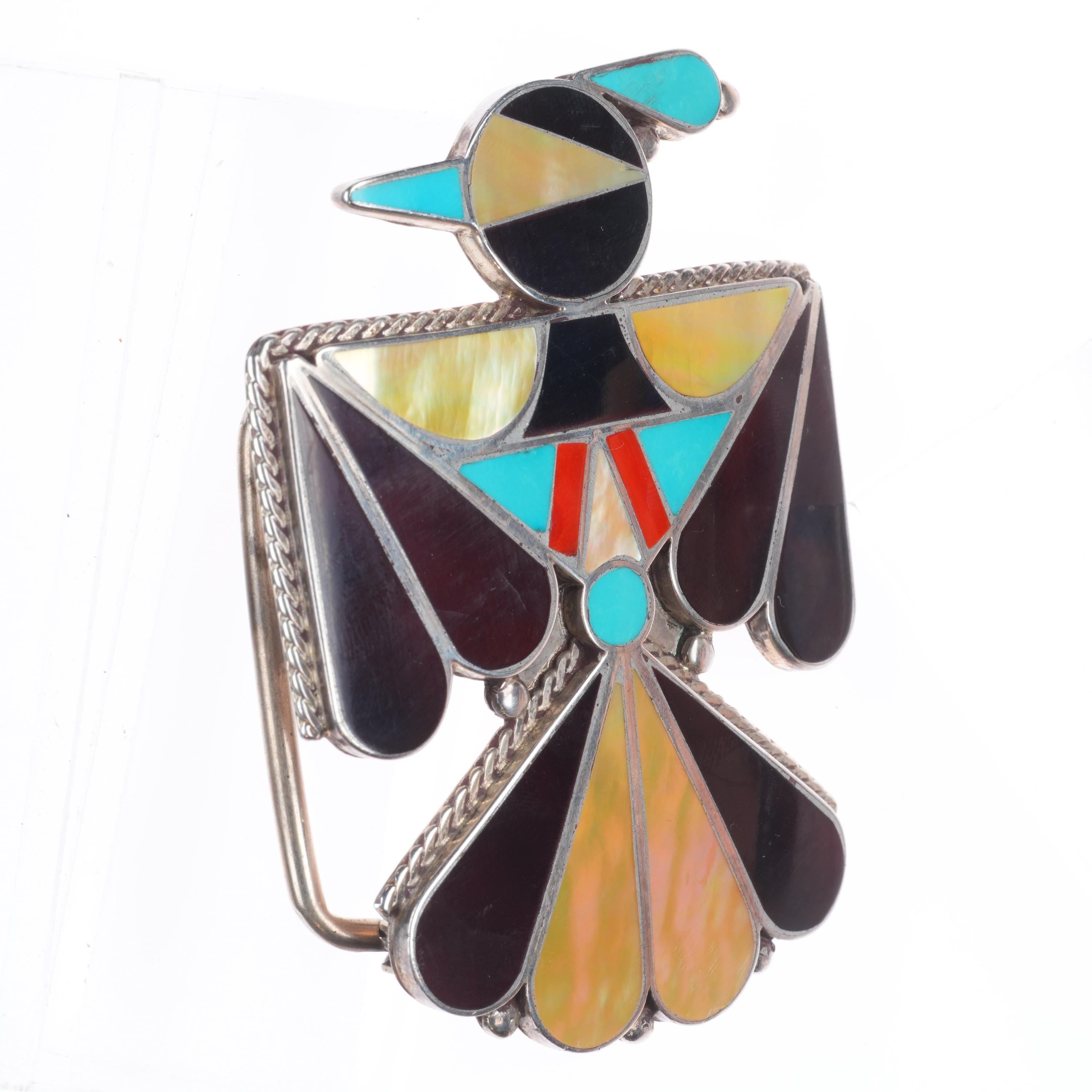 Vintage Zuni sterling silver thunderbird belt buckle shell 