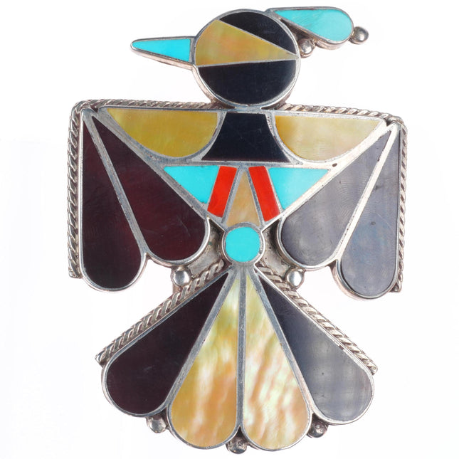 Vintage Zuni sterling silver thunderbird belt buckle shell/turquoise/coral inlay