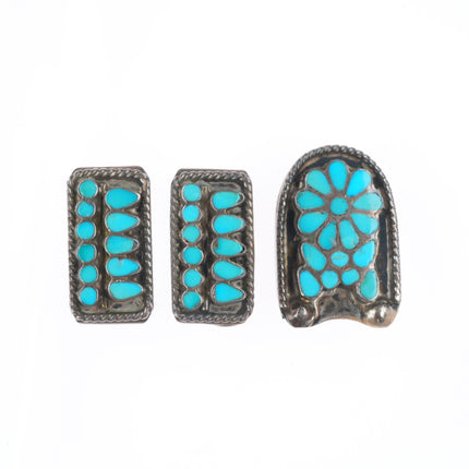 Vintage Dishta Zuni sterling silver flush inlay turquoise ranger belt buckle set
