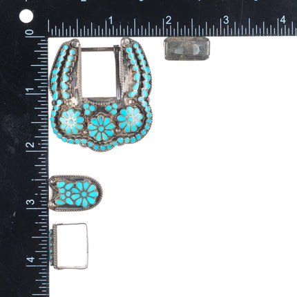 Vintage Dishta Zuni sterling silver flush inlay turquoise ranger belt buckle set