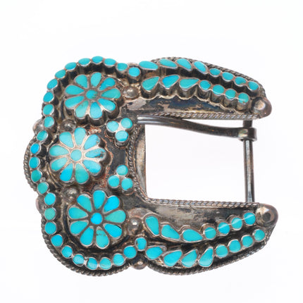 Vintage Dishta Zuni sterling silver flush inlay turquoise ranger belt buckle set