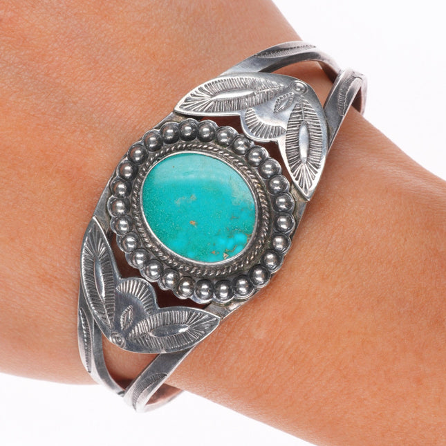 6.5" c1940's Vintage Navajo sterling silver deep stamped cuff bracelet turquoise
