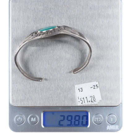 6.5" c1940's Vintage Navajo sterling silver deep stamped cuff bracelet turquoise