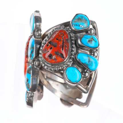 6.75" Stover Paul Navajo sterling silver turquoise/coral cluster cuff bracelet