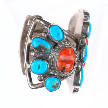 6.75" Stover Paul Navajo sterling silver turquoise/coral cluster cuff bracelet