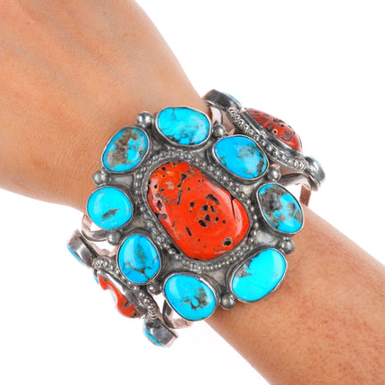 6.75" Stover Paul Navajo sterling silver turquoise/coral cluster cuff bracelet